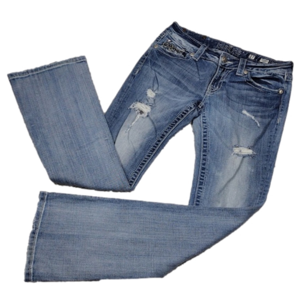 Miss Me Style JE1098BL Blue Light Wash Distressed Mid Rise Boot Cut Denim Jean